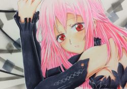 Rule 34 | 10s, 1girl, bad id, bad pixiv id, bare shoulders, detached sleeves, guilty crown, hair ornament, hairclip, highres, long hair, looking at viewer, marker (medium), pink hair, red eyes, ruchi a, sarina (tosiyukiryousuke), solo, traditional media, twintails, yuzuriha inori