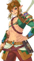 Rule 34 | 1boy, artist name, blonde hair, blue eyes, brown hair, collarbone, cowboy shot, desert voe set (zelda), earrings, fangs, hand on own hip, highres, holding, holding weapon, hoop earrings, ivy (sena0119), jewelry, link, looking at viewer, male focus, navel, nintendo, official alternate costume, open mouth, pants, pointy ears, polearm, sheikah slate, simple background, smile, solo, spear, stomach, the legend of zelda, the legend of zelda: breath of the wild, weapon, white background