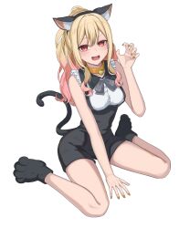 Rule 34 | absurdres, alternate costume, alternate hairstyle, animal ears, bare shoulders, bell, black bow, black dress, blonde hair, blush, bow, breasts, cat ears, cat tail, claw pose, dress, fingernails, framed breasts, high ponytail, highres, hinato1710, long hair, looking at viewer, medium breasts, nail polish, open mouth, ponytail, project sekai, red eyes, shirt, sitting, sleeveless, sleeveless shirt, smile, solo, tail, tenma saki, wariza, white background, white shirt