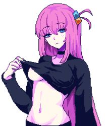 1girl black_choker blue_eyes bocchi_the_rock! breasts choker clothes_lift cube_hair_ornament gotoh_hitori hair_ornament highres lifting_own_clothes looking_at_viewer medium_breasts navel pink_hair pixel_art pixelcadete shirt_lift simple_background solo underboob white_background