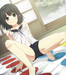 Rule 34 | 1girl, absurdres, arishima alice, arm support, bare legs, barefoot, black hair, black shorts, blouse, bra, breasts, cura, game cg, green eyes, hairband, highres, leaning back, monobeno, see-through, shirt, short hair, short shorts, shorts, small breasts, smile, solo, spread legs, striped bra, striped clothes, toes, twister, underwear, vertical-striped bra, vertical-striped clothes