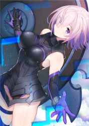 Rule 34 | 1girl, armor, armored dress, bad id, bad pixiv id, bare shoulders, breasts, elbow gloves, fate/grand order, fate (series), gloves, hayama eishi, light purple hair, looking at viewer, mash kyrielight, medium breasts, purple eyes, purple gloves, shield, short hair, smile, solo, thighhighs