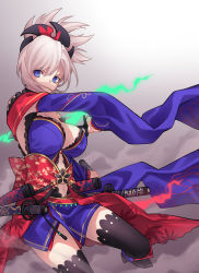 Rule 34 | 1girl, absurdres, apicium, asymmetrical hair, black thighhighs, blue eyes, blue kimono, breasts, cleavage, clothing cutout, detached sleeves, dual wielding, earrings, fate/grand order, fate (series), gradient background, hair ornament, highres, holding, japanese clothes, jewelry, katana, kimono, large breasts, leaf print, maple leaf print, miyamoto musashi (fate), miyamoto musashi (third ascension) (fate), navel cutout, obi, pink hair, ponytail, sandals, sash, sheath, sheathed, sleeveless, sleeveless kimono, solo, sword, thighhighs, weapon, wide sleeves