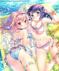 Rule 34 | 2girls, amo (shibu3), arm up, armpits, ass, back, bikini, black hair, blue bikini, blue eyes, blunt bangs, blush, breasts, brown hair, butt crack, collarbone, commentary request, flower, frilled bikini, frills, hair flower, hair ornament, hair scrunchie, hairband, hairclip, highres, inflatable raft, large breasts, long hair, looking at viewer, lying, medium breasts, multiple girls, navel, on back, on side, open mouth, original, parted lips, partially visible vulva, red eyes, scrunchie, short hair, shoulder blades, side-tie bikini bottom, smile, stomach, swimsuit, thigh strap, thighs, underboob, water drop, watermark, white bikini, wrist scrunchie