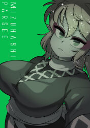 Rule 34 | 1girl, black shirt, blonde hair, breasts, carte, character name, closed mouth, commentary request, eyeshadow, frown, green background, green eyes, green theme, grey shirt, hair between eyes, highres, large breasts, looking at viewer, makeup, medium bangs, mizuhashi parsee, mute, pointy ears, red eyeshadow, shirt, short hair, simple background, solo, touhou, undershirt, upper body