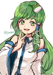 Rule 34 | 1girl, chinese commentary, collared shirt, detached sleeves, frog hair ornament, green eyes, green hair, hair ornament, highres, kochiya sanae, light blush, long hair, looking at viewer, open mouth, shiori (hpug2828), shirt, single hair tube, sleeveless, sleeveless shirt, snake, snake hair ornament, solo, teeth, touhou, twitter username, upper teeth only, v, white background, white shirt, white sleeves, white snake, wide sleeves