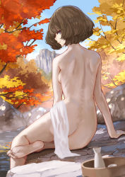 Rule 34 | 1girl, artistic nudity, ass, autumn leaves, back, backboob, barefoot, basket, blue sky, bottle, breasts, brown hair, butt crack, choko (cup), closed mouth, cup, day, feet, flat ass, from behind, grey eyes, highres, idolmaster, idolmaster cinderella girls, kaoming, light smile, looking at viewer, looking back, nude, onsen, outdoors, ribs, sake bottle, short hair, sitting, skinny, sky, smile, soles, solo, spine, takagaki kaede, toes, tokkuri, towel, tree