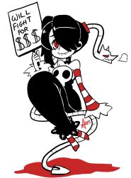 Rule 34 | 1girl, ashley ann swaby, ashley swaby, bare shoulders, detached sleeves, full body, hair over one eye, holding, holding sign, leviathan (skullgirls), long hair, monochrome, red eyes, side ponytail, sign, sitting, skull, skullgirls, smile, solo, squigly (skullgirls), stitched mouth, stitches, zombie