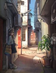 Rule 34 | 1girl, air conditioner, alley, artist name, black hat, blouse, blue eyes, blunt bangs, brown hair, day, glasses, grey socks, hat, highres, long hair, looking at viewer, manhole cover, original, outdoors, overalls, plant, potted plant, power lines, radiator, shirt, shoes, shoichi (ekakijin), sneakers, socks, solo, striped clothes, striped shirt