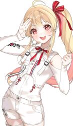 Rule 34 | 1girl, ahoge, blonde hair, blush, fortissimo, hair ornament, hair ribbon, highres, hololive, hololive dev is, long hair, musical note, musical note hair ornament, official alternate costume, open mouth, otonose kanade, red eyes, ribbon, shirt, shorts, solo, teeth, upper teeth only, virtual youtuber, white background, white shirt, white shorts, zeroperpect