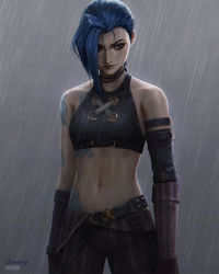 Rule 34 | 1girl, arcane: league of legends, arcane jinx, arm tattoo, artist name, bare shoulders, belt, black pants, blue eyes, blue hair, breasts, cheesewoo, closed mouth, cloud tattoo, detached sleeves, gloves, grey background, highres, jinx (league of legends), league of legends, long hair, navel, pants, rain, shiny skin, shoulder tattoo, small breasts, solo, stomach, stomach tattoo, tattoo
