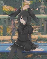 Rule 34 | 10s, 1girl, artist logo, bench, black hair, black pantyhose, black skirt, blush, breast press, commentary request, hair over one eye, head wings, highres, jungle crow (kemono friends), kemono friends, kokuin, looking at viewer, miniskirt, on bench, outdoors, pantyhose, partial commentary, pleated skirt, sailor collar, short sleeves, sitting, skirt, solo, stone lantern, wings