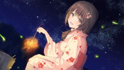 Rule 34 | 1girl, bad id, bad pixiv id, blush, brown eyes, brown hair, bucket, dutch angle, fireflies, fireworks, floral print, from side, hair ornament, hair over shoulder, highres, japanese clothes, kimono, looking back, nanotaro, night, obi, open mouth, original, outdoors, sash, sky, smile, solo, sparkler, squatting, star (sky), starry sky, yukata