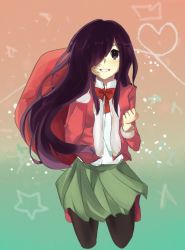 Rule 34 | 1girl, black pantyhose, bow, bowtie, burn scar, christmas, clenched hand, commentary, english commentary, full body, fur-trimmed jacket, fur trim, gradient background, green skirt, hair over one eye, heart, heart of string, ikezawa hanako, jacket, katawa shoujo, limach-an, long hair, looking at viewer, pantyhose, parted lips, purple eyes, purple hair, red bow, red bowtie, red jacket, sack, scar, shirt, simple background, skirt, smile, solo, white shirt