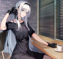 Rule 34 | 1girl, 3 small spiders, absurdres, adjusting hair, an-94 (girls&#039; frontline), an-94 (silent rouge) (girls&#039; frontline), aqua eyes, arm up, bar (place), black dress, black gloves, black hairband, black ribbon, braid, breasts, coffee cup, collarbone, commentary, cup, disposable cup, dress, girls&#039; frontline, gloves, hair ribbon, hairband, hand on table, highres, jewelry, light blush, long hair, looking at viewer, necklace, official alternate costume, on chair, open mouth, ribbon, sitting, small breasts, solo, upper body, wall, white hair, window