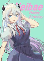 Rule 34 | 1girl, antenna hair, aqua background, bad id, bad twitter id, blue eyes, blue skirt, breasts, character name, commentary, english commentary, hair between eyes, happy birthday, highres, horns, indie virtual youtuber, kiikuni, leaning back, long hair, looking to the side, medium breasts, open mouth, school uniform, silver hair, skirt, smile, solo, vei (vtuber), vei (vtuber) (2nd costume), very long hair, virtual youtuber