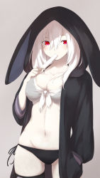 Rule 34 | 1girl, animal hood, bikini, black hoodie, blush, breasts, cleavage, dripping, eating, food, food in mouth, front-tie top, grey background, hair between eyes, hand in pocket, highres, holding, holding food, hood, hood up, hoodie, kisaragi yuki (sora saki), long hair, looking at viewer, medium breasts, melting, mismatched bikini, mole, mole on stomach, navel, open clothes, open hoodie, original, popsicle, red eyes, side-tie bikini bottom, skindentation, solo, stomach, swimsuit, thighhighs, white hair