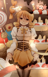 10s 1girl bad_id bad_pixiv_id beret blonde_hair cake charlotte_(madoka_magica) corset drill_hair food fruit hat highres mahou_shoujo_madoka_magica mahou_shoujo_madoka_magica_(anime) short_hair skirt smile sora-1123 strawberry thighhighs tomoe_mami tomoe_mami_(magical_girl) twin_drills twintails yellow_eyes zettai_ryouiki