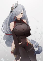 Rule 34 | 1girl, absurdres, arm under breasts, bad id, bad pixiv id, bare shoulders, black bodysuit, black gloves, bodysuit, braid, breasts, cleavage, closed eyes, closed mouth, covered collarbone, covered navel, cowboy shot, earrings, genshin impact, gloves, gradient background, grey background, hair ornament, hair over one eye, highres, hip vent, jewelry, large breasts, long hair, partially visible vulva, pointy ears, shenhe (genshin impact), shibuya (kurokamishain), single braid, solo, tassel, tassel earrings, very long hair, white background
