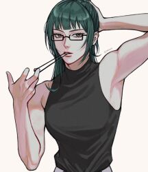 Rule 34 | 1girl, abs, bed, bed sheet, blush, breasts, convenient censoring, glasses, green hair, jujutsu kaisen, large breasts, looking at viewer, navel, sitting, solo, topless, towel, towel over breasts, zenin maki