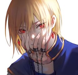 Rule 34 | 1boy, blonde hair, chain, earrings, expressionless, fingernails, hand on own face, highres, hunter x hunter, jewelry, judgement chain (hxh), kkamiiz, korean commentary, kurapika, long sleeves, looking at viewer, male focus, multiple rings, nail, portrait, red eyes, ring, shirt, short hair, solo, tabard, white background