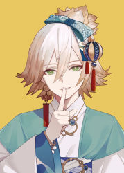 Rule 34 | 1boy, androgynous, bishounen, bisque, blonde hair, bow, earrings, gem, girly boy, green eyes, hair bow, hair ornament, haori himo, highres, index finger raised, japanese clothes, jewelry, long hair, male focus, onmyoji, short hair, smile, solo, taishakuten (onmyoji), tassel, tassel earrings, tassel hair ornament, upper body, wide sleeves, yellow background