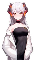 Rule 34 | 1girl, absurdres, arknights, bare shoulders, beudelb, black choker, black dress, choker, coat, commentary, dragon horns, dress, earrings, hands in pockets, highres, horns, jewelry, korean commentary, long hair, off-shoulder dress, off shoulder, open clothes, open coat, orange eyes, saria (arknights), silver hair, simple background, single earring, solo, very long hair, white background, white coat