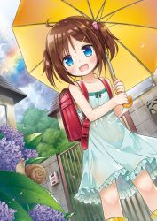 Rule 34 | 1girl, backpack, bad id, bad twitter id, bag, blue eyes, boots, brown hair, building, child, cloud, commentary request, day, dress, flower, gate, green dress, hair ornament, hairclip, holding, holding umbrella, house, hydrangea, open mouth, original, outdoors, plant, rain, rainbow, randoseru, rubber boots, scrunchie, see-through, short hair, sky, smile, snail, solo, sundress, two side up, umbrella, wall, water drop, wet, wet clothes, wet dress, yellow footwear, yukino minato