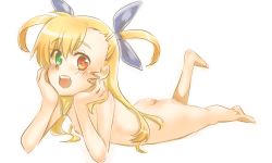 Rule 34 | 10s, 1girl, ass, bad id, bad pixiv id, barefoot, blonde hair, blush, completely nude, full body, green eyes, hair ribbon, head rest, heterochromia, lying, lyrical nanoha, mahou shoujo lyrical nanoha vivid, nude, on stomach, open mouth, red eyes, ribbon, shirane koitsu, simple background, smile, solo, the pose, two side up, vivio, white background
