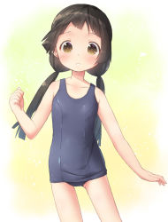 Rule 34 | 10s, 1girl, amayadori machi, bare shoulders, black hair, blunt bangs, blush, brown eyes, commentary request, flat chest, kumamiko, long hair, looking at viewer, low twintails, old school swimsuit, one-piece swimsuit, pu-en, school swimsuit, smile, solo, standing, swimsuit, twintails