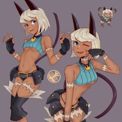 Rule 34 | 1girl, absurdres, animal ears, arms up, belt, belt buckle, belt pouch, blue eyes, bob cut, breasts, buckle, cat ears, cat girl, cat tail, chibi, chibi inset, claws, collar, crop top, dark-skinned female, dark skin, fangs, female focus, fingerless gloves, fingernails, fujimna, gloves, grey background, halterneck, highleg, highleg panties, highres, leaning forward, long fingernails, looking at viewer, medium breasts, meme, ms. fortune (skullgirls), multiple views, navel, neck bell, one eye closed, open mouth, panties, paw pose, photo-referenced, pouch, purple background, scar, short hair, simple background, skullgirls, smile, solo, standing, tail, thong, toned, toned female, toned stomach, underboob, underwear, white hair