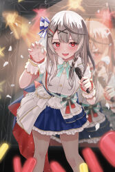 Rule 34 | 1girl, birthday, grey hair, hololive, long hair, looking at viewer, multicolored hair, open mouth, red eyes, sakamata chloe, short sleeves, smile, solo, streaked hair, takion