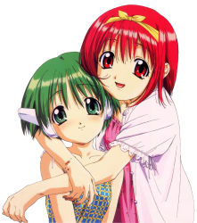 Rule 34 | 2girls, artist request, blush, bow, green hair, hug, kamigishi akari, looking at viewer, multi (to heart), multiple girls, non-web source, official art, open mouth, red hair, robot ears, short sleeves, simple background, smile, to heart, to heart (series), white background, yellow bow