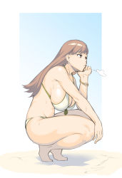 Rule 34 | 1girl, bangle, bikini, bracelet, breasts, breath, brown eyes, brown hair, cleavage, dyun, full body, head rest, highres, huge breasts, jewelry, kantai collection, long hair, ooi (kancolle), shadow, simple background, solo, squatting, sweat, swimsuit, white bikini