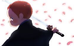 Rule 34 | 1boy, alternate costume, black jacket, black sleeves, blue eyes, blush stickers, brown hair, closed mouth, commentary request, danganronpa (series), danganronpa v3: killing harmony, from behind, gleam, glowing, glowing petals, half-closed eyes, haori, holding, holding sword, holding weapon, hoshi ryoma, jacket, japanese clothes, katana, kogarashi 8, long sleeves, looking at viewer, male focus, partial commentary, petals, short hair, simple background, smile, solo, sword, upper body, very short hair, weapon, white background, wide sleeves