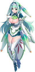 Rule 34 | 1girl, blush, brave sword x blaze soul, breasts, cleavage, dress, elbow gloves, full body, gloves, green eyes, green hair, hair ornament, hand on own chest, large breasts, long hair, matching hair/eyes, mel/a, pointy ears, short dress, simple background, smile, solo, thighhighs, white background, zettai ryouiki