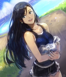 Rule 34 | 1girl, black eyes, black hair, cutoffs, day, dutch angle, earrings, highres, jewelry, long hair, looking at viewer, okuto, open mouth, original, outdoors, power lines, shorts, signature, solo, tank top