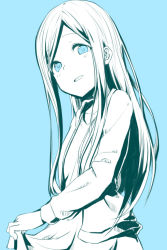 Rule 34 | 1girl, aqua eyes, blue background, blue theme, dress, flat chest, idolmaster, idolmaster cinderella girls, kagiana, layla (idolmaster), long hair, looking at viewer, parted bangs, parted lips, school uniform, simple background, skirt hold, solo, spot color, straight hair