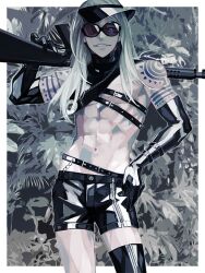 Rule 34 | 1boy, belt buckle, black sleeves, black thighhighs, buckle, chest belt, detached sleeves, fate/grand order, fate (series), glasses, gun, holding, holding gun, holding weapon, latex shorts, long hair, long sleeves, looking at viewer, male focus, official alternate costume, one-piece swimsuit, opaque glasses, over shoulder, parted lips, partially opaque glasses, plant, sei 8220, single thighhigh, solo, sunglasses, tattoo, tezcatlipoca (summer break) (fate), thighhighs, toned, toned male, tribal tattoo, turtleneck, turtleneck one-piece swimsuit, underpec, weapon, weapon over shoulder, zipper legwear