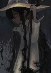 Rule 34 | 1girl, absurdres, black hair, closed mouth, coat, creature, from side, hair over one eye, hair ribbon, hat, highres, holding, holding staff, long hair, long sleeves, looking afar, one eye covered, original, profile, red eyes, red ribbon, ribbon, sidelocks, solo, staff, tsumetai (tsurunoka), upper body, very long hair, wavy hair, white coat, white hat, witch hat