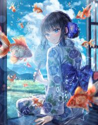 Rule 34 | 1girl, arm support, black hair, blue eyes, blue flower, blue kimono, blue sky, blurry, cloud, cloudy sky, commentary request, depth of field, fish, floral print kimono, flower, from behind, hair bun, hair flower, hair ornament, hand fan, hand up, highres, holding, holding fan, japanese clothes, kimono, koi, long sleeves, looking at viewer, looking back, obi, obiage, obijime, original, paper fan, parted lips, sakura (39ra), sash, sidelocks, single hair bun, sitting, sky, smile, solo, tatami, uchiwa, water drop