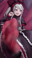 Rule 34 | 1girl, absurdres, fangs, feet, fingernails, foot focus, gothic lolita, highres, kentaryu, lolita fashion, long hair, looking at viewer, open mouth, overlord (maruyama), red eyes, red legwear, see-through, see-through legwear, shalltear bloodfallen, sharp fingernails, silver hair, socks, soles, steam, toes