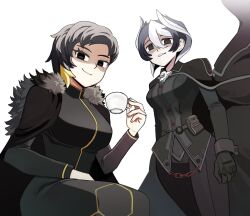 Rule 34 | 2girls, artist request, bad id, bad pixiv id, binah (project moon), black cape, black eyes, black gloves, black hair, black jacket, black pants, blonde hair, breasts, cape, chain, closed mouth, crossover, cup, empty eyes, fur trim, gloves, hair between eyes, holding, holding cup, jacket, large breasts, lobotomy corporation, looking at viewer, made in abyss, medium breasts, mole, mole under eye, multicolored hair, multiple girls, ozen, pants, pouch, project moon, shaded face, short hair, simple background, smile, teacup, two-tone hair, white background, white hair