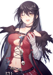Rule 34 | 1girl, apple, atsutetsu, bandaged arm, bandages, bare shoulders, belt, belt skirt, black hair, blush, braid, breasts, choker, coat, food, fruit, highres, large breasts, long hair, looking at viewer, navel, one eye closed, open mouth, shiny skin, short shorts, shorts, side braid, simple background, smile, solo, tales of (series), tales of berseria, torn clothes, velvet crowe, very long hair, white background, wink, yellow eyes