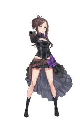 Rule 34 | 1girl, belt, black footwear, black gloves, black skirt, boots, bow, breasts, brown hair, cleavage, dorothy (princess principal), full body, gloves, groin, gun, hair bun, highres, holding, holding gun, holding weapon, long hair, looking at viewer, medium breasts, official art, parted lips, princess principal, princess principal game of mission, purple bow, purple eyes, single hair bun, skirt, solo, standing, transparent background, weapon