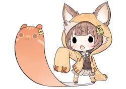 Rule 34 | 1girl, animal ear fluff, brown footwear, brown hair, brown jacket, brown necktie, brown socks, capriccio, chestnut mouth, chibi, collared shirt, commentary request, ears through headwear, highres, hood, hood up, hooded jacket, jacket, long sleeves, loose socks, necktie, open mouth, outstretched arm, plaid, plaid skirt, pleated skirt, sendo yuuhi, shirt, shoes, short eyebrows, simple background, skirt, sleeves past fingers, sleeves past wrists, socks, solid oval eyes, solo, standing, sweater vest, thick eyebrows, virtual youtuber, vspo!, white background, white shirt
