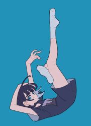 Rule 34 | armpit crease, arms up, blue background, blue hair, bottomless, crossed legs, dark blue hair, expressionless, falling, highres, legs up, looking at viewer, original, oversized clothes, socks, soles, start furuike, white socks