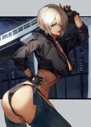 Rule 34 | 1girl, angel (kof), ass, black gloves, black jacket, blue eyes, breasts, chaps, commentary request, cropped jacket, fingerless gloves, gloves, hair over one eye, hand on own hip, hand up, highres, jacket, leather, leather jacket, lips, looking at viewer, medium breasts, midriff, nasubin (nasubisamurai15), panties, parted lips, short hair, simple background, sleeves rolled up, smile, solo, the king of fighters, thighs, twisted torso, underwear, white hair, zipper