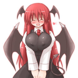 Rule 34 | 1girl, :d, ^ ^, arayama reiichi, bat wings, blush, breasts, closed eyes, covered erect nipples, demon girl, demon tail, dress shirt, embodiment of scarlet devil, fang, female focus, happy, head wings, heart, huge breasts, impossible clothes, impossible shirt, koakuma, long hair, long sleeves, lowres, necktie, open mouth, red hair, red necktie, shirt, smile, solo, tail, touhou, v arms, vest, wings