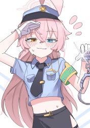 Rule 34 | 1girl, absurdres, black necktie, black skirt, blue archive, blue eyes, blush, crop top, cuffs, gloves, hair between eyes, halo, handcuffs, hat, heterochromia, high (hgih), highres, holding, holding handcuffs, hoshino (blue archive), long hair, looking at viewer, navel, necktie, pencil skirt, pink hair, pink halo, police, police hat, police uniform, simple background, skirt, solo, sweat, uniform, white background, white gloves, yellow eyes